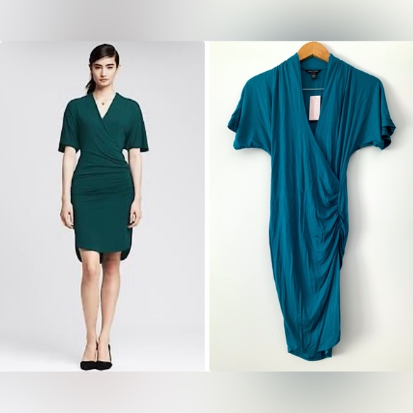 ❗️CLEAROUT❗️NWT! BANANA REPUBLIC teal faux-wrap ruched short sleeve DRESS - Picture 1 of 8
